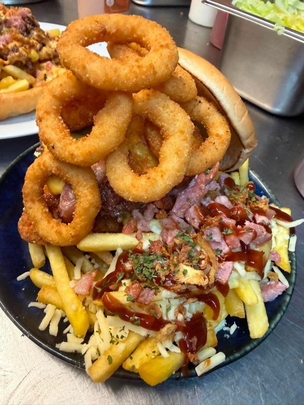 Loaded fries with onion rings