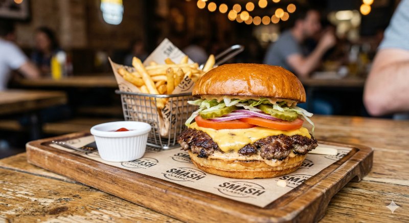 Smash burger with fries at Shanklin Smash Co